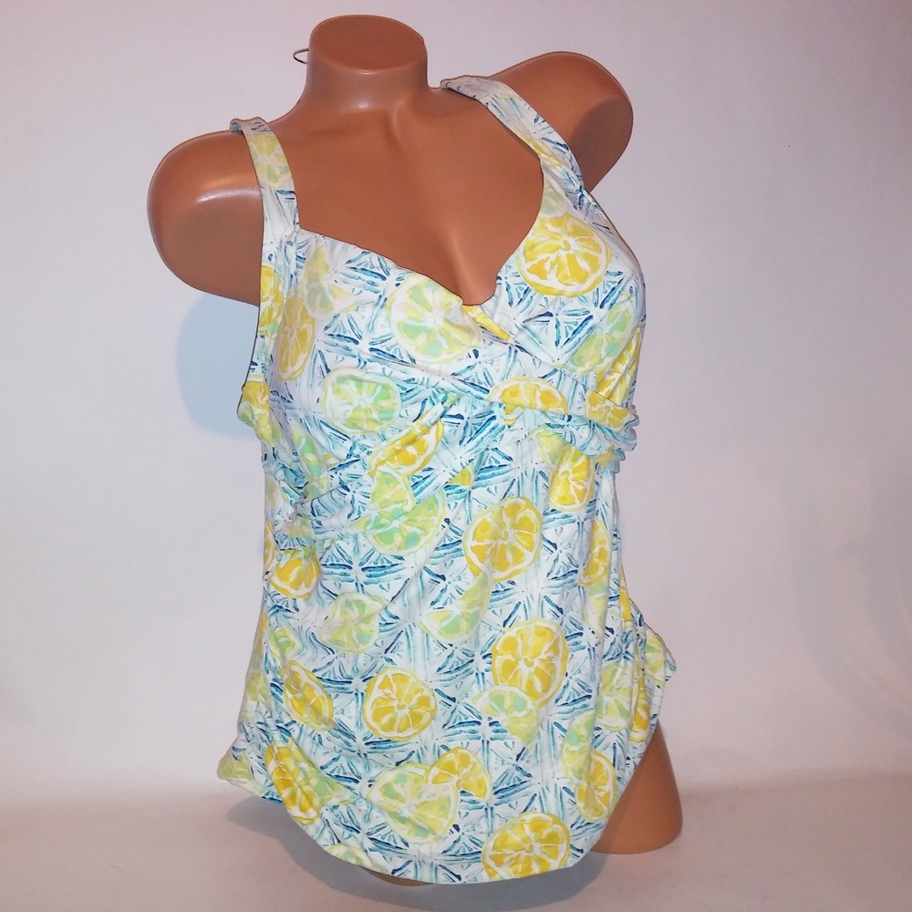 Lands End Swim Tankini Top 18W Yellow Blue Green Lemon Lime Removable Padding